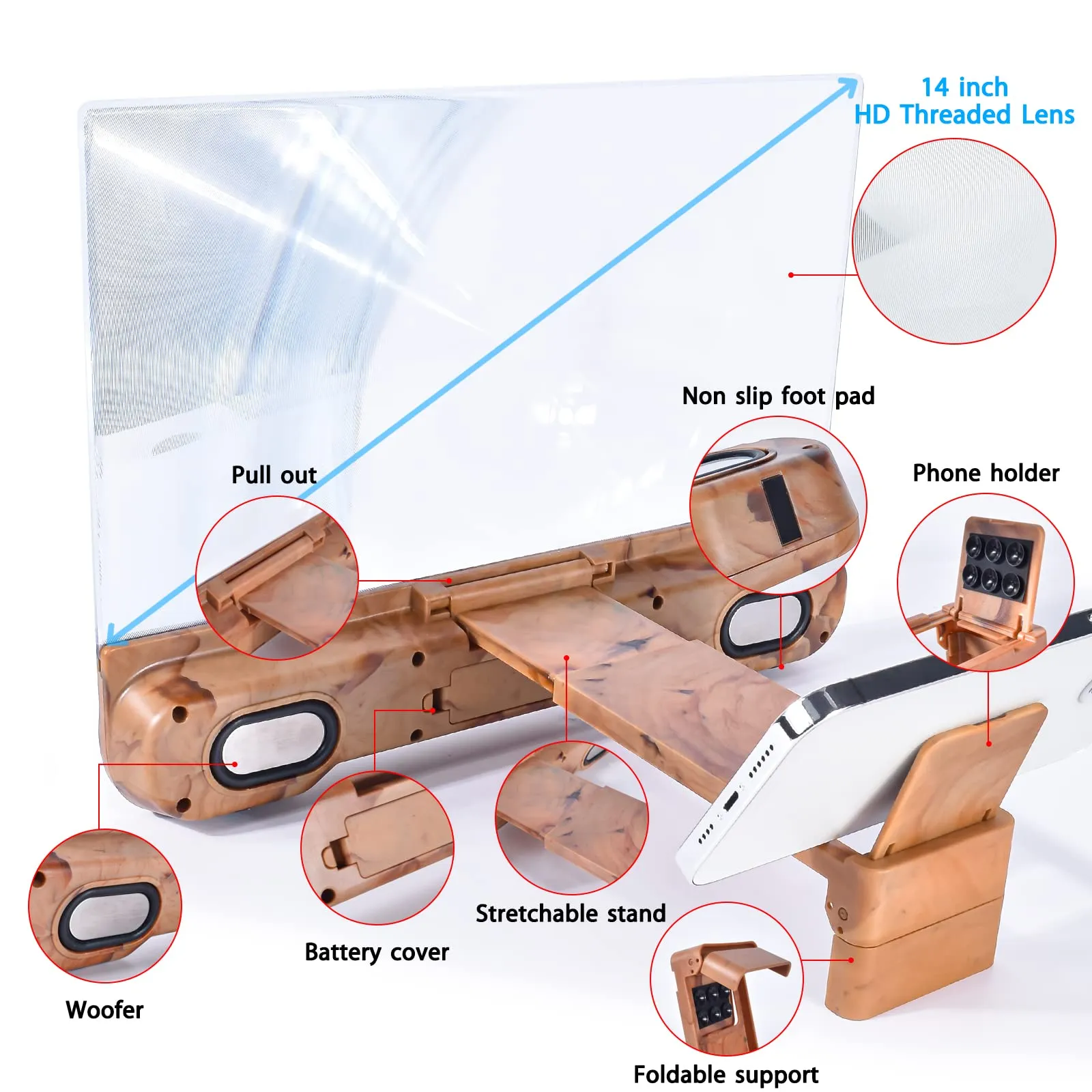 14 inch Phone Screen Magnifier with Speaker,Mobile Phone Screen Amplifier with 2-in-1Foldable Stretch Stand Holder Portable 3D Screen Magnifying Glass for All Smartphones(Wood Grain)