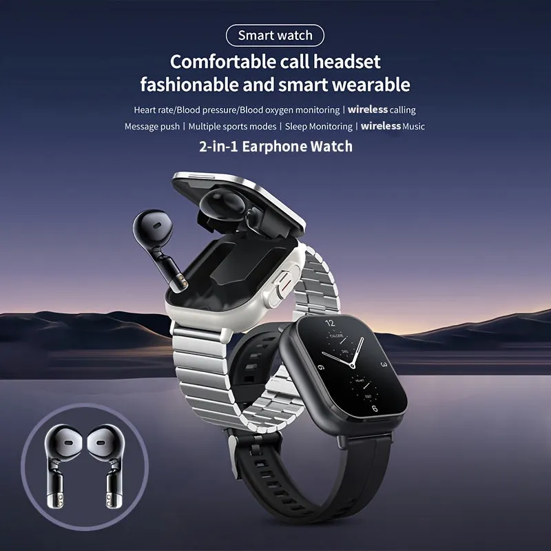 2-in-1 Smart Watch   Earbuds - Silicone Stainless Steel
