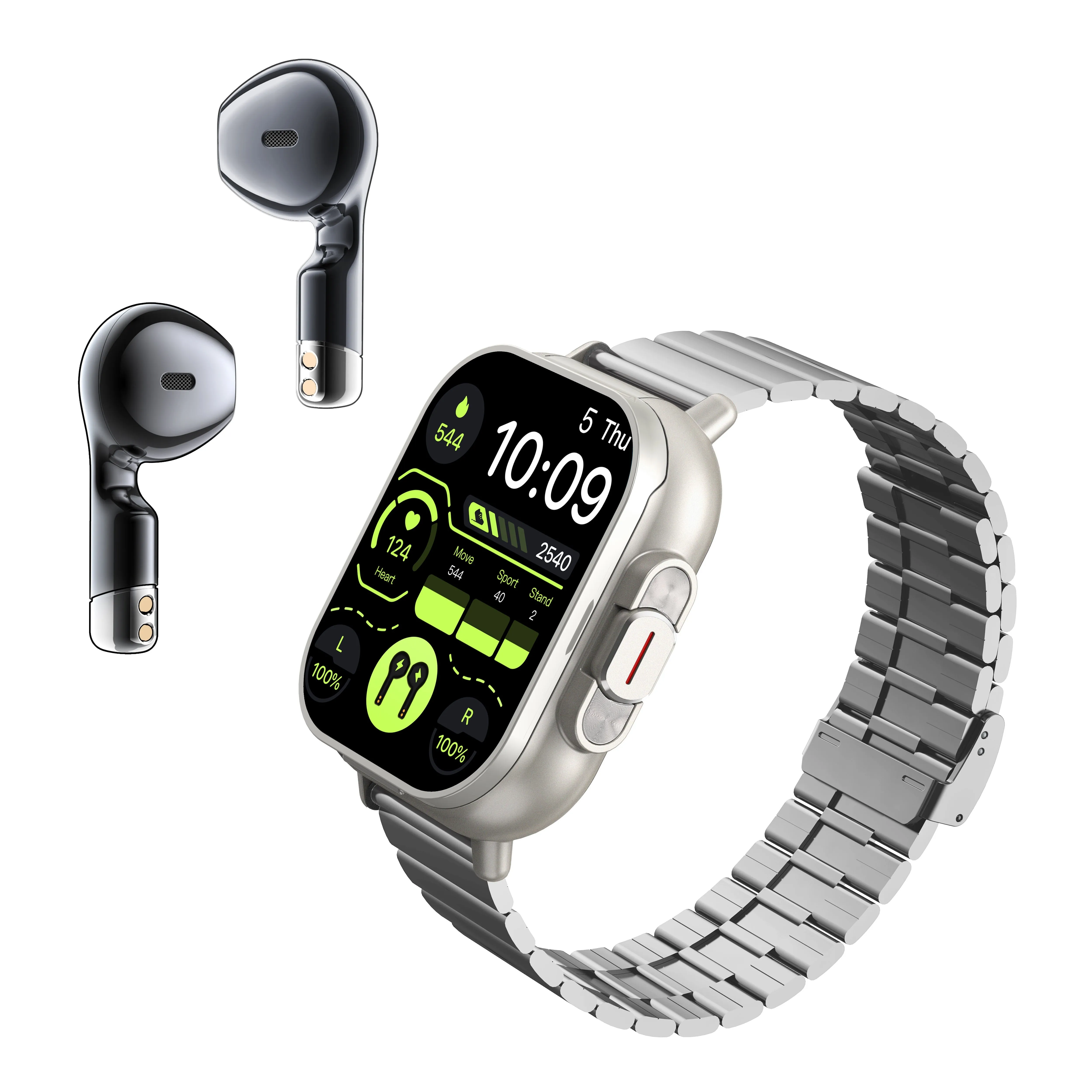 2-in-1 Smart Watch   Earbuds - Silicone Stainless Steel