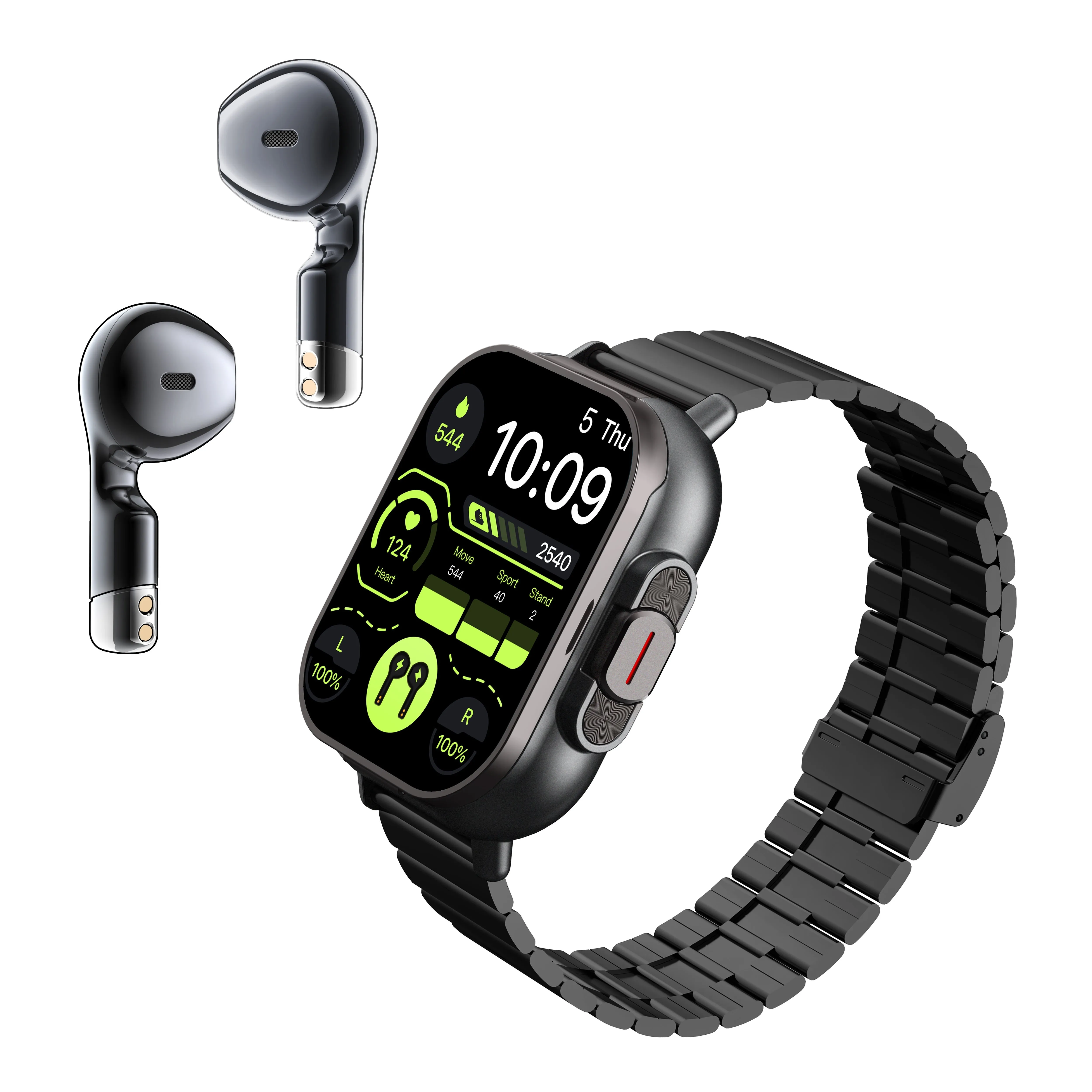 2-in-1 Smart Watch   Earbuds - Silicone Stainless Steel