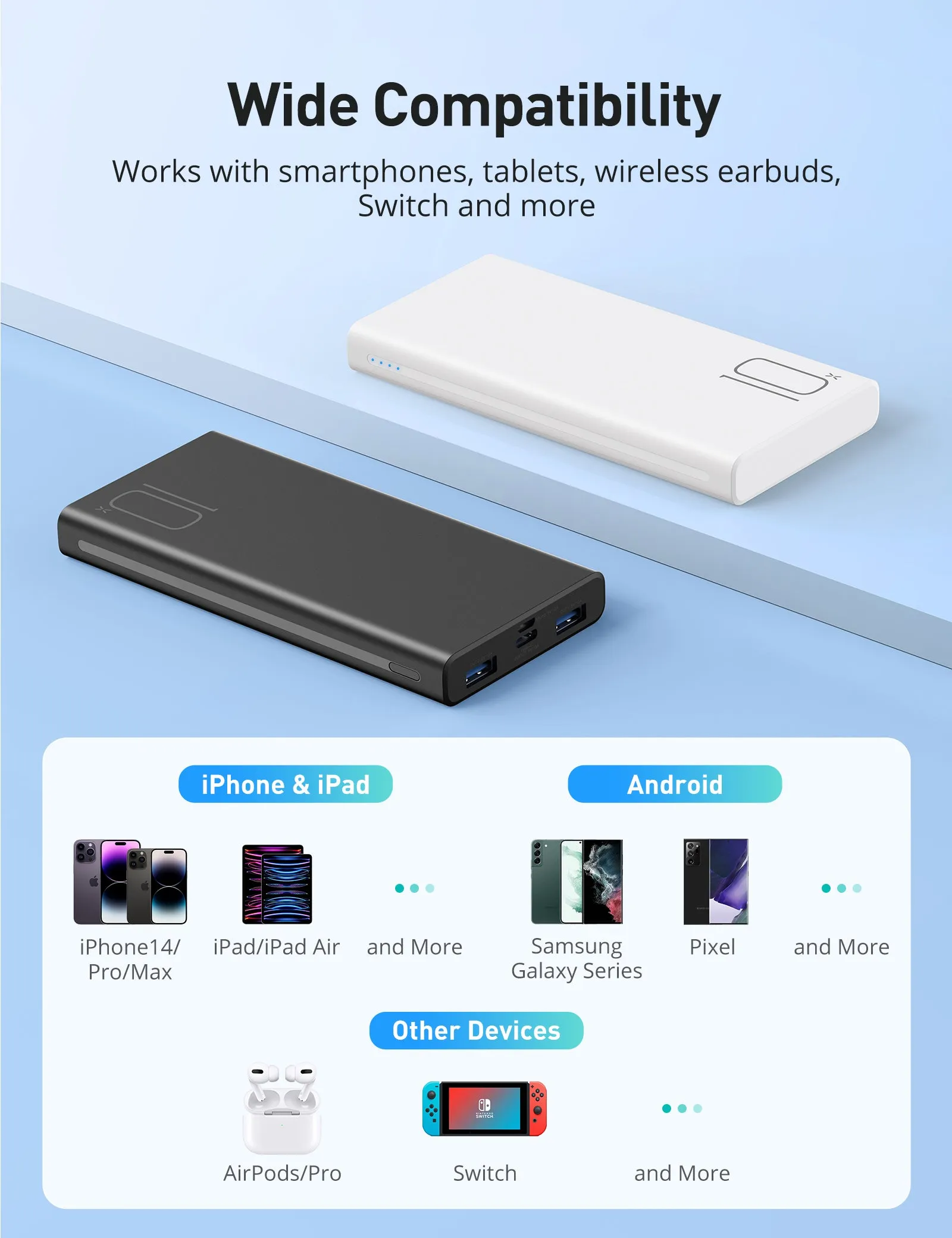 Alfox 10000mAh 15W Power Bank with USB-C Charging 5V 3A, 2 Pcs