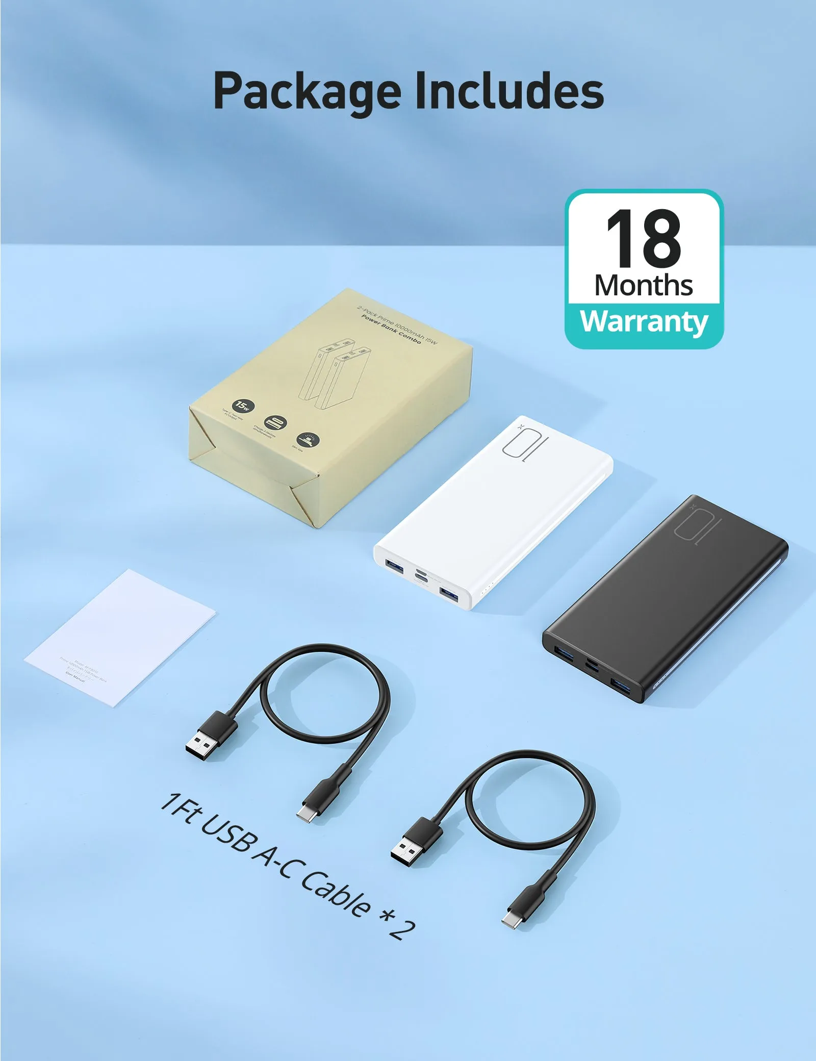 Alfox 10000mAh 15W Power Bank with USB-C Charging 5V 3A, 2 Pcs