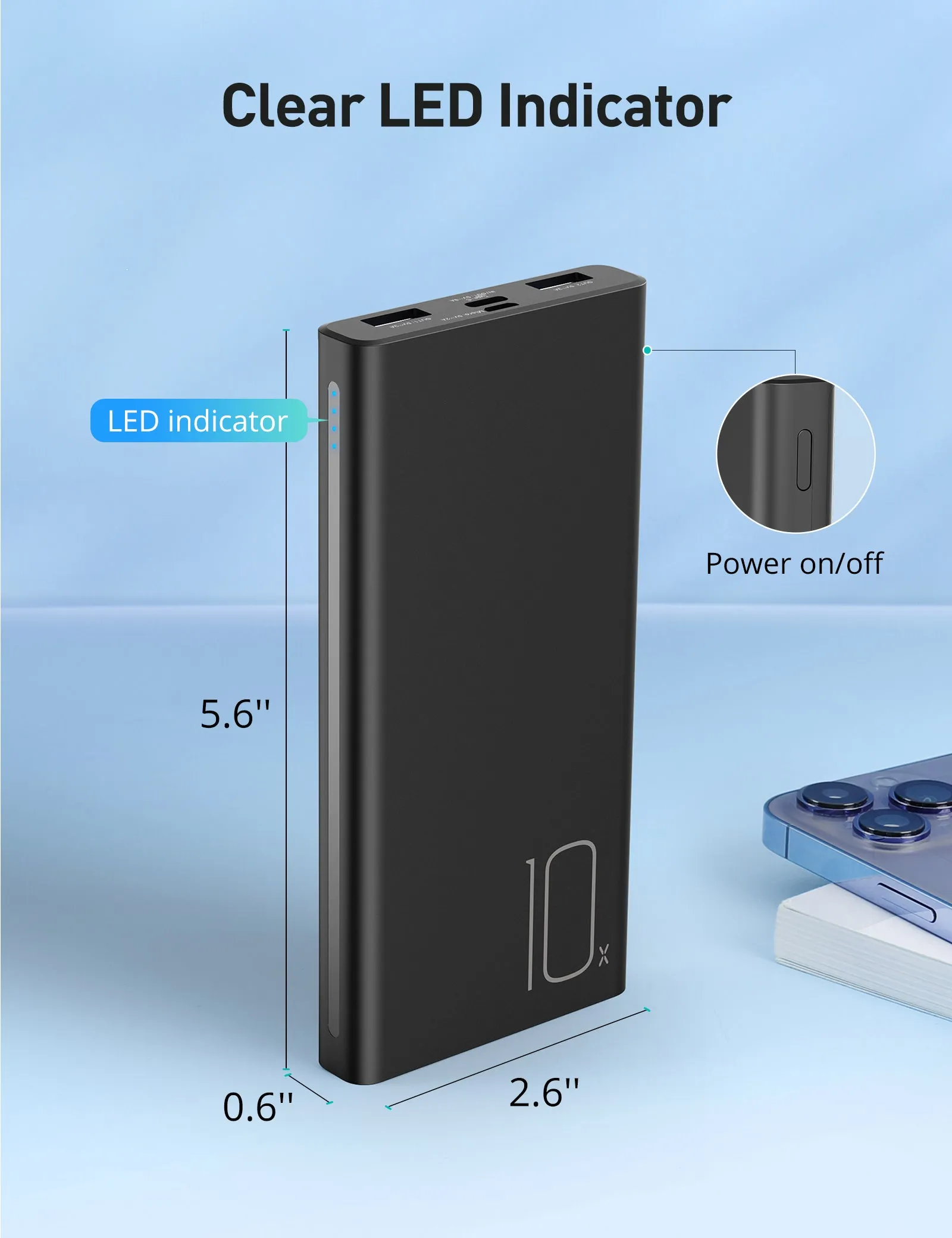 Alfox 10000mAh 15W Power Bank with USB-C Charging 5V 3A, 2 Pcs