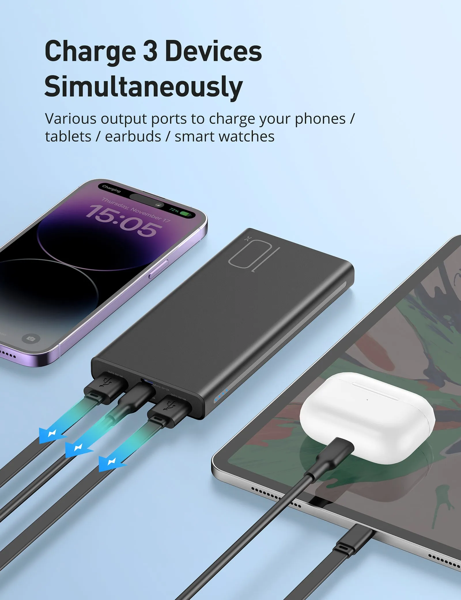 Alfox 10000mAh 15W Power Bank with USB-C Charging 5V 3A, 2 Pcs