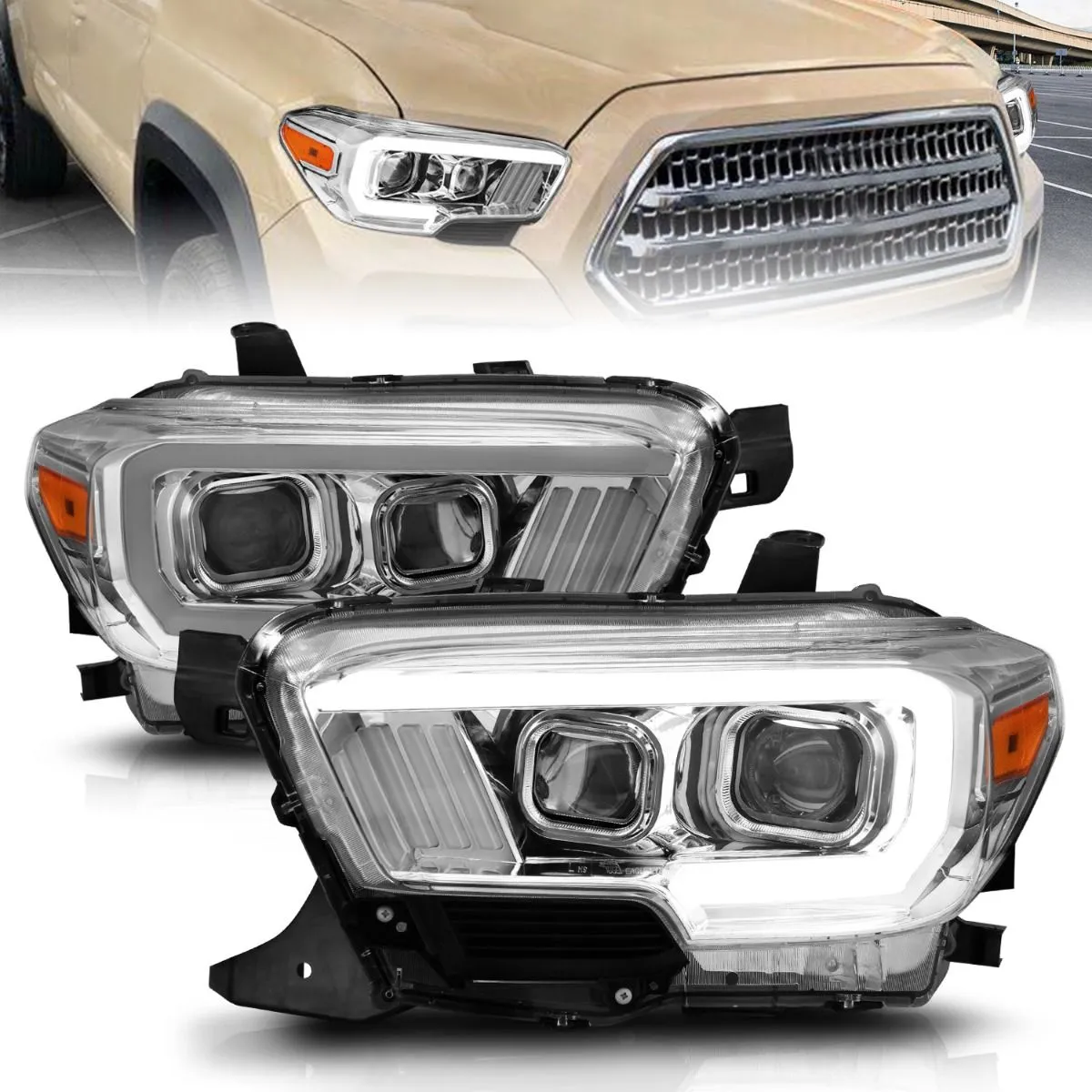 Anzo Projector Plank Style Headlights Chrome For Tacoma (2016-2023)