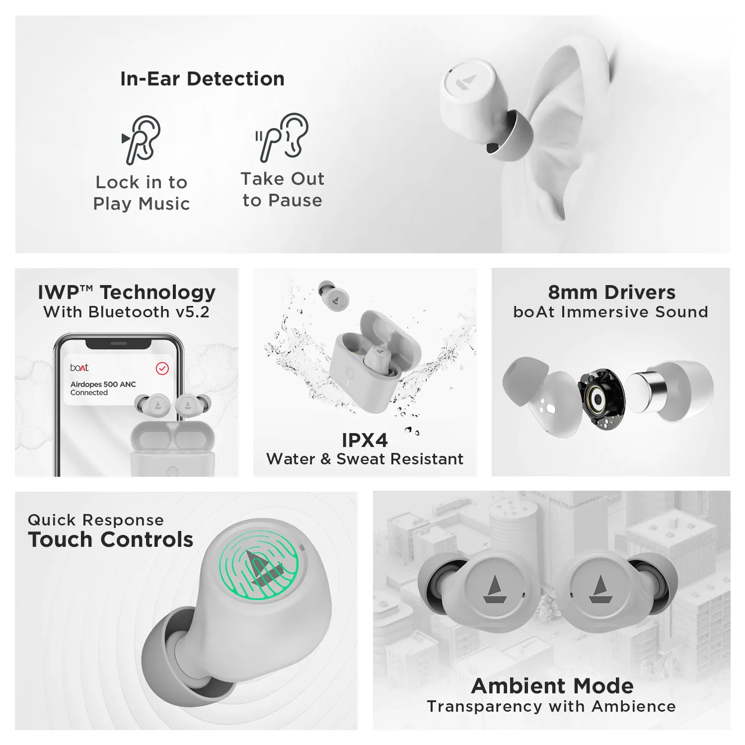 boAt Airdopes 500 ANC | Wireless Earbuds with 35dB Hybrid Active Noise Cancellation, 8mm Drivers, Quad Mics with ENx™ Technology, ASAP™ Charge