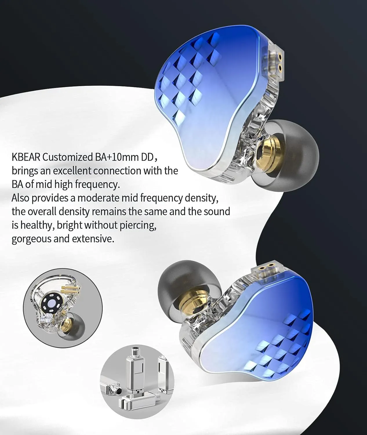 KBEAR Robin in Ear Monitors, Stereo Wired Earphones, Powerful Resolution 1DD 4BA Hybrid Hifi Earphone Earbuds, Noise Isolating In-Ear Earphones with Detachable Cable 0.78Mm 2Pin (No Mic, Blue)