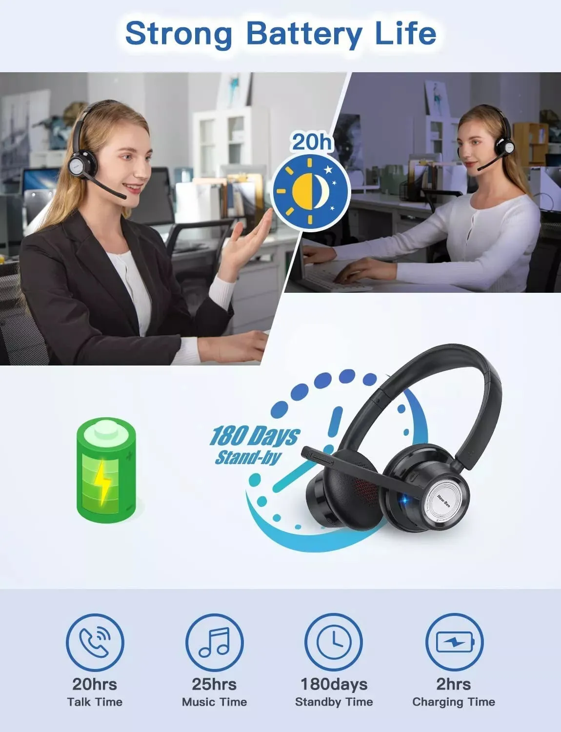 New Bee BH58 Wireless Office Headset - Noise-Canceling Bluetooth (Black)