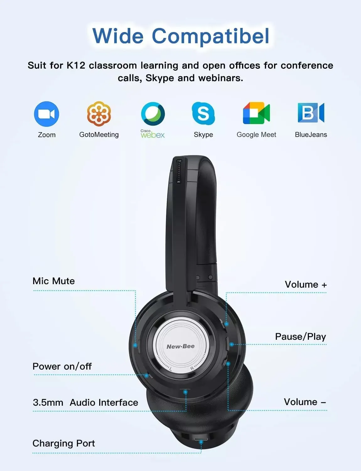New Bee BH58 Wireless Office Headset - Noise-Canceling Bluetooth (Black)