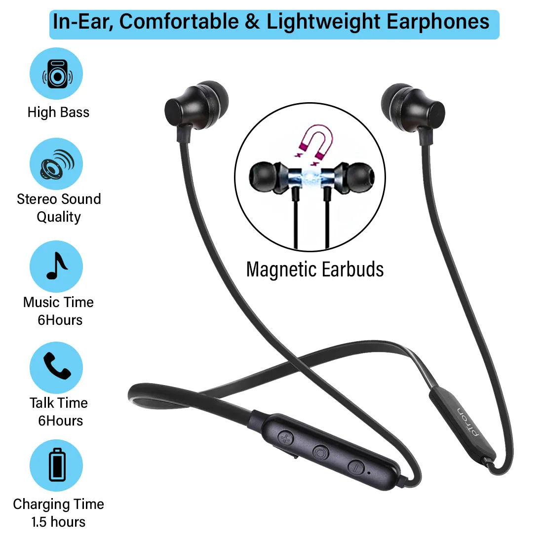 pTron InTunes Lite High Bass In-Ear Wireless Headphones with Mic - (Black)