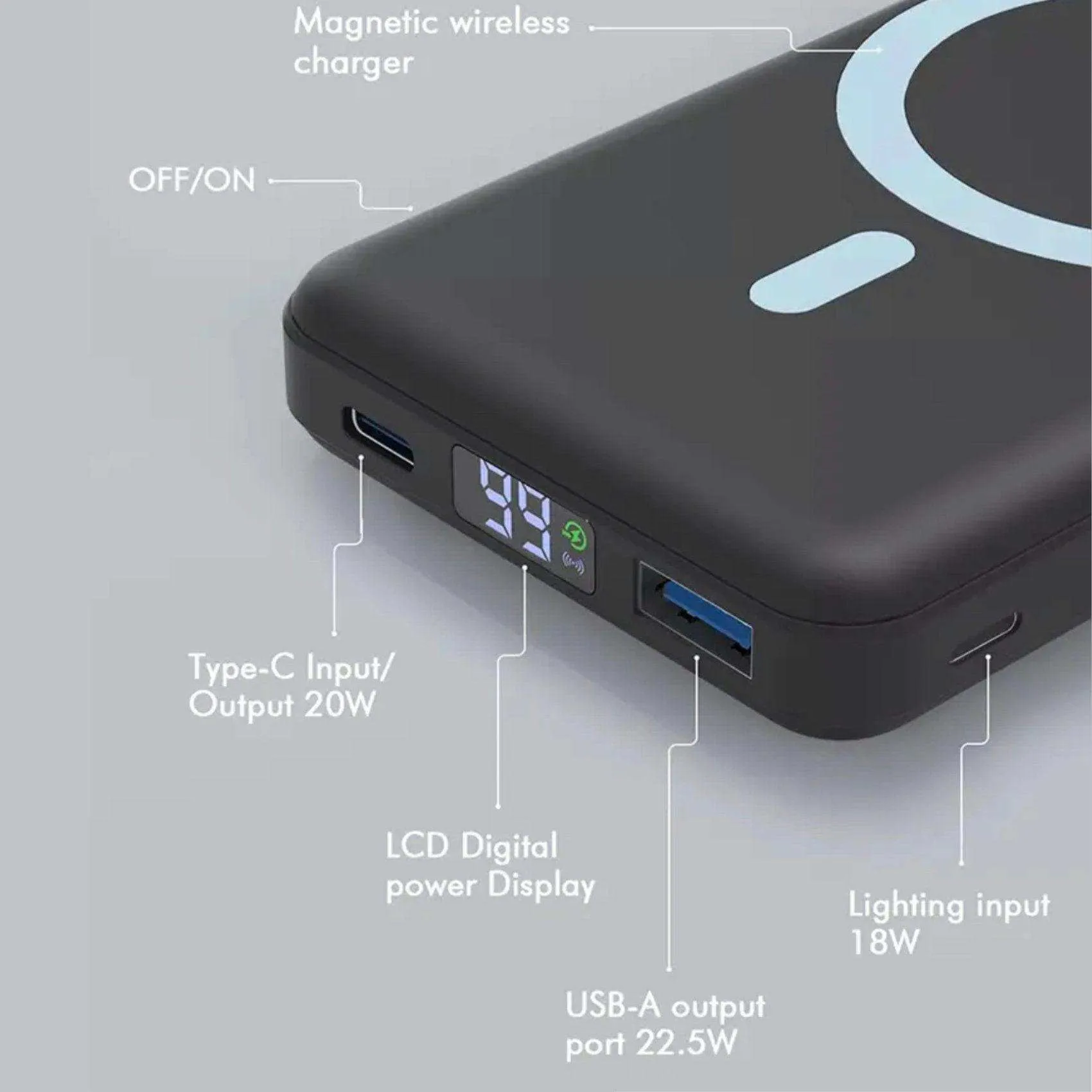 TUTT Magnetic Wireless Portable Power Bank for iPhone 10000mAh Mag-Safe Battery Pack PD 22.5W Fast Charging, Foldable Wireless USB-C LED Display iPhone 15/14/13/12/Pro/Mini/Pro Max