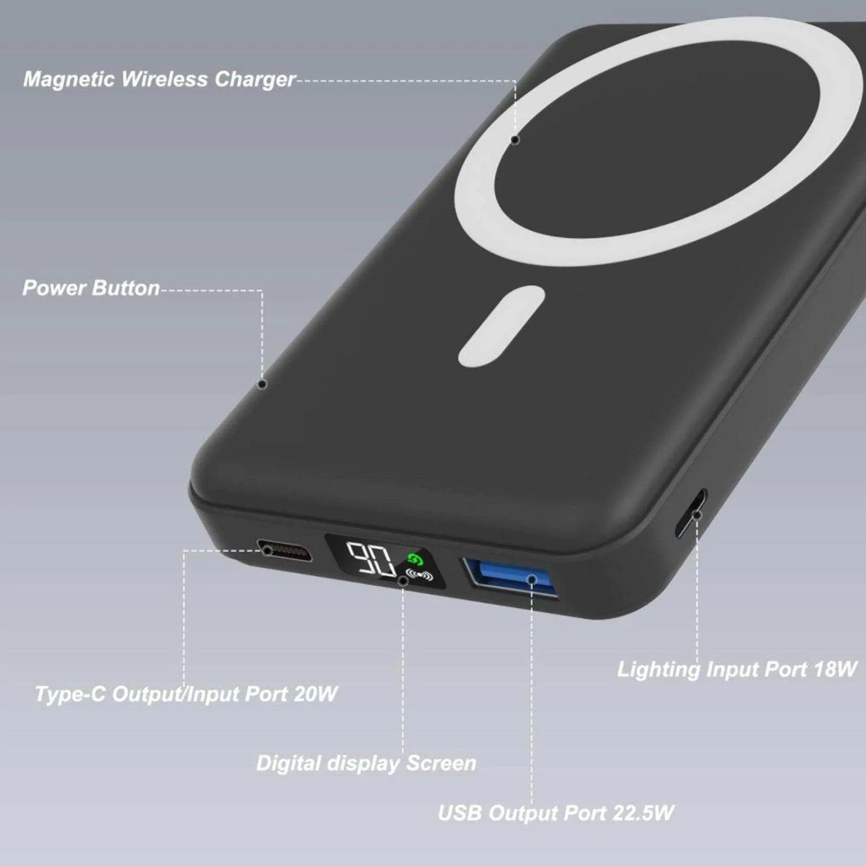 TUTT Magnetic Wireless Portable Power Bank for iPhone 10000mAh Mag-Safe Battery Pack PD 22.5W Fast Charging, Foldable Wireless USB-C LED Display iPhone 15/14/13/12/Pro/Mini/Pro Max